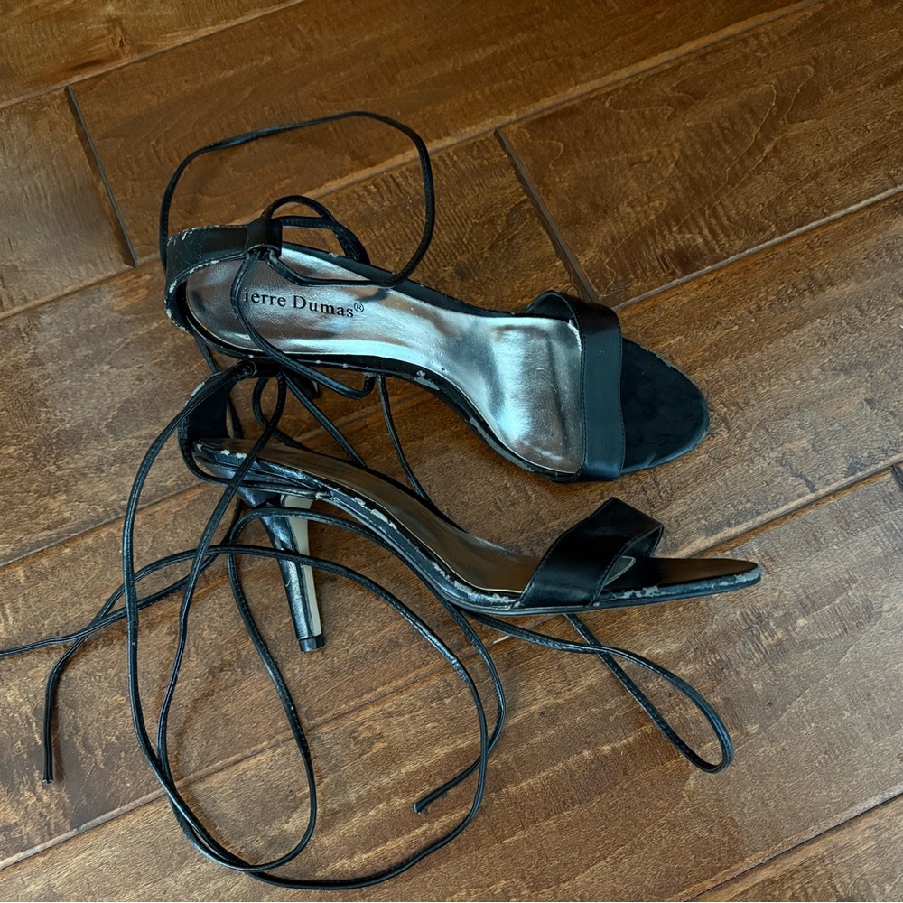 Pierre Dumas Black Stiletto Heels with Ankle Wrap, 4 inch heels, size 9